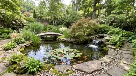 Lush garden pond with water lilies, koi, a stone bridge, and a cascading waterfall, in 5K Ultra HD PC desktop wallpaper and background.