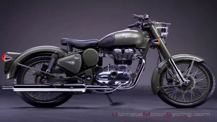 A sleek Royal Enfield motorcycle in an army green finish, featuring stylish curves and chrome accents, showcased as a high-definition desktop wallpaper and background.