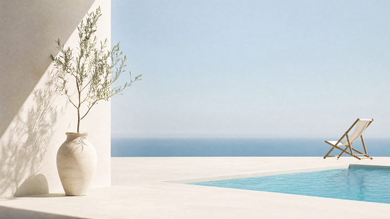 {{ Minimalist summer 4K Ultra HD PC desktop wallpaper and background: sunlit white terrace with vase and olive branch, pool edge, lounge chair overlooking calm blue sea.