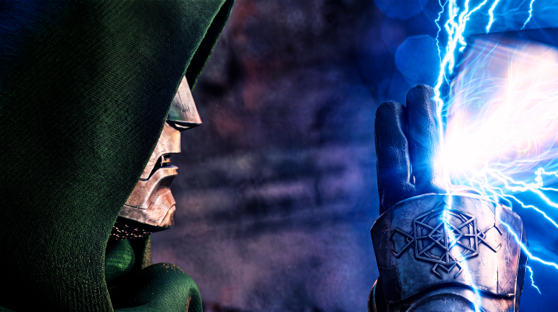 {{ 5K Ultra HD Avengers: Doomsday desktop wallpaper — Doctor Doom in green cloak and armored gauntlet clashes with Thor's crackling blue lightning (Marvel Comics)