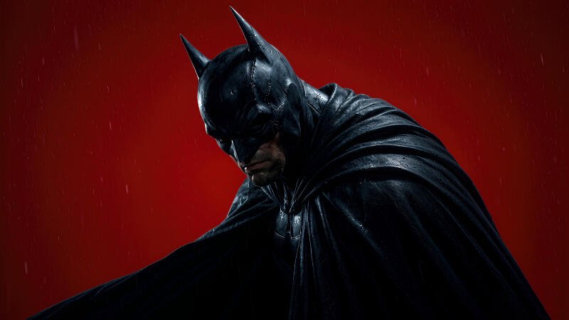 {{ 4K Ultra HD digital art PC wallpaper: Batman in a black cowl and flowing cape, rain-slicked, brooding against a stark red background. 