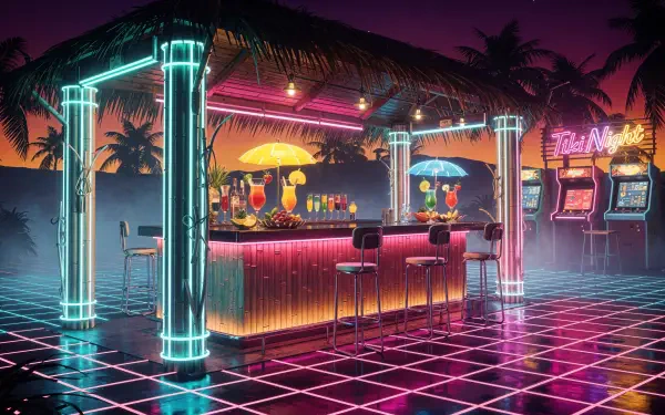 4K Ultra HD desktop wallpaper: neon-lit retro tiki bar on a glowing grid floor, thatched-roof bar with colorful cocktails, palm silhouettes and arcade machines under a purple sunset.