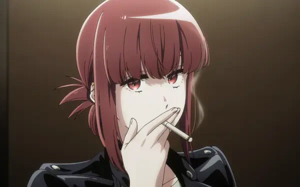 HD PC desktop wallpaper of Yamada from Smoking Behind the Supermarket with You — a red‑haired anime woman in a black jacket smoking a cigarette and staring forward.