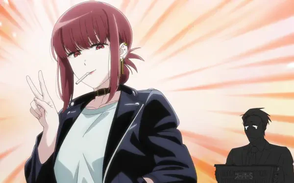 HD anime PC wallpaper: Yamada (Smoking Behind the Supermarket with You) flashes a peace sign with a cigarette in a black jacket against orange rays; Sasaki's silhouette behind.