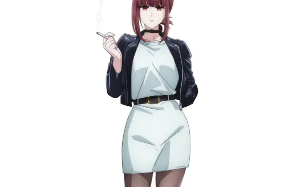 Anime 2K Quad HD PC wallpaper: Yamada from Smoking Behind the Supermarket with You — standing in a white dress and black jacket, holding a cigarette.