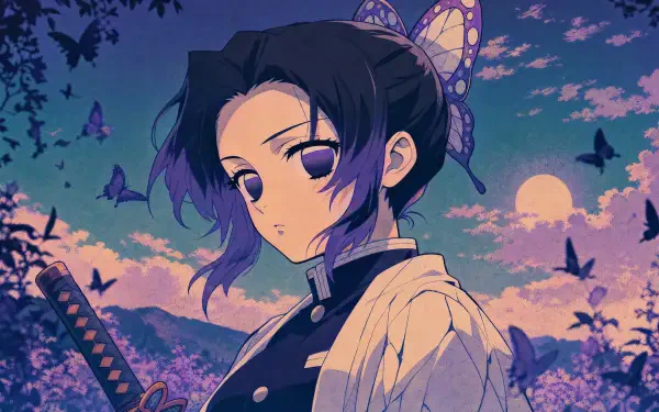 Shinobu Kochou in 4K Ultra HD PC desktop wallpaper background — serene moonlit twilight, purple butterflies swirling, her katana at her side beneath a pastel sky.