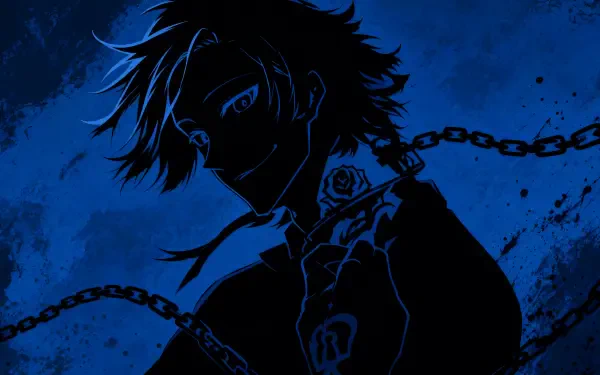 Miachael Kaiser 4K Ultra HD PC desktop wallpaper and background: blue-toned silhouette of an anime-style figure with chains and a rose tattoo against a textured night-sky backdrop.