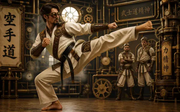 Karate practitioner in a traditional gi executes a high kick inside a gear-filled steampunk dojo — 4K Ultra HD PC desktop wallpaper and background.