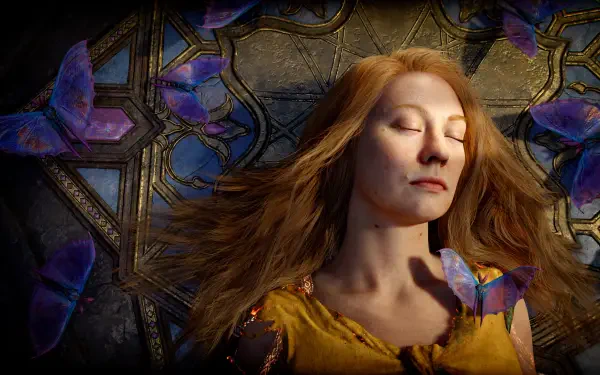 Laufey from God of War lying with eyes closed, golden hair drifting among purple butterflies against an ornate stone backdrop — 4K Ultra HD PC desktop wallpaper