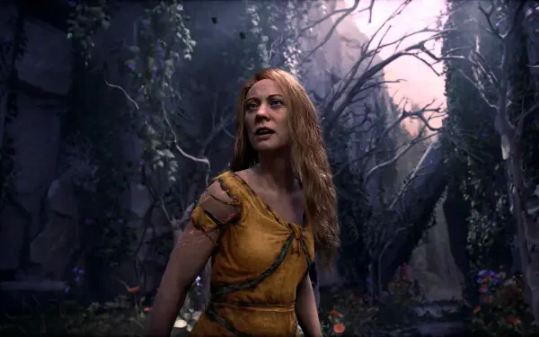 4K Ultra HD PC wallpaper of Laufey from God of War standing in a moonlit, overgrown ruin in a yellow dress, surrounded by twisted trees and pale purple light.