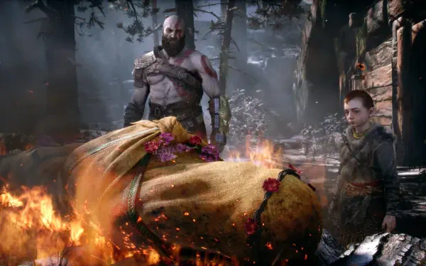 God of War video game: Kratos and Atreus stand beside a burning, shrouded body in a misty forest — God of War Laufey, 4K UHD PC desktop wallpaper.