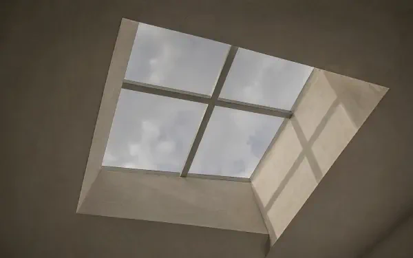 Square skylight framing soft clouds, daylight casting geometric shadows on the ceiling — 4K Ultra HD PC desktop wallpaper and background.