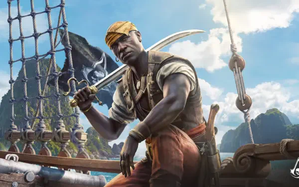 Video game — Assassin's Creed Black Flag Resynced 5K Ultra HD PC wallpaper: a pirate assassin on a ship deck, blade raised, rigging and sails with tropical islands and blue sky.
