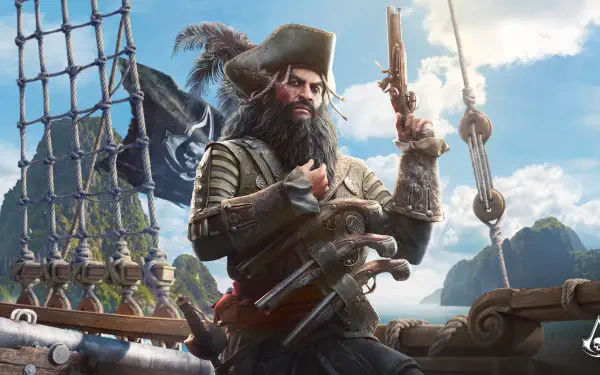 Assassin's Creed Black Flag Resynced pirate captain on a ship deck, pistol raised, cutlass at his hip, ocean and islands behind — 5K Ultra HD PC wallpaper.