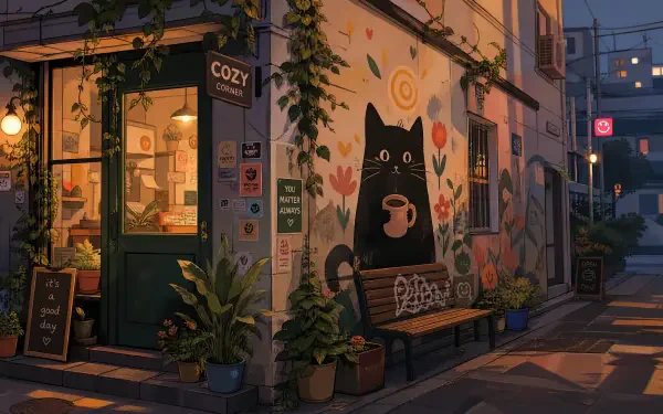 Cozy aesthetic 4K Ultra HD PC desktop wallpaper: evening street-corner café with warm lights, potted plants, a bench and a whimsical black cat mural holding a steaming mug.