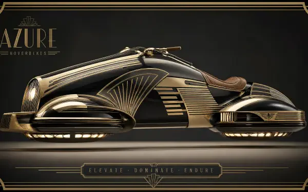 Art-deco gold-and-black hoverbike rendered in 4K Ultra HD, sleek retro-futuristic design floating above a reflective surface — PC desktop wallpaper and background.