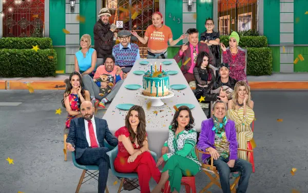 Vecinos 4K Ultra HD PC desktop wallpaper — colorful suburban street scene with a large group of neighbors gathered around a long outdoor table in front of bright, festive houses.