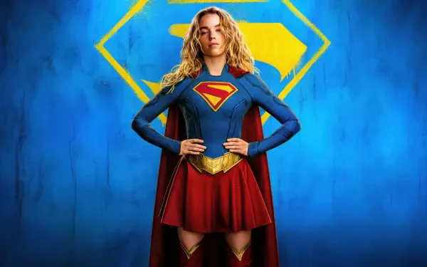 Supergirl (2026) 4K Ultra HD PC desktop wallpaper: Supergirl stands hands on hips in blue suit and red cape, emblem glowing behind her against a vivid blue background.