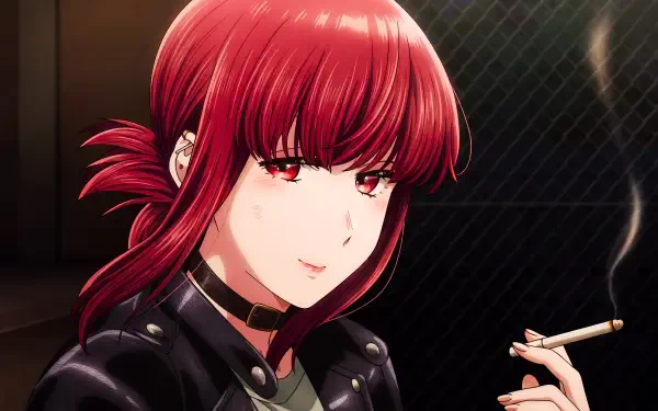 5K Ultra HD PC wallpaper: Yamada from Smoking Behind the Supermarket with You — red‑haired anime girl/waifu in a leather jacket, smoking behind a supermarket.