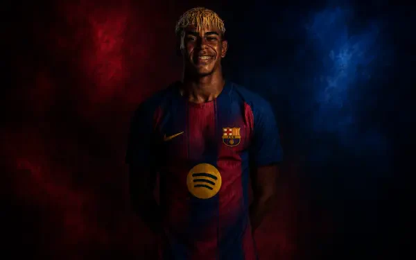Lamine Yamal soccer player Barcelona jersey portrait HD Desktop Wallpaper | Background Image