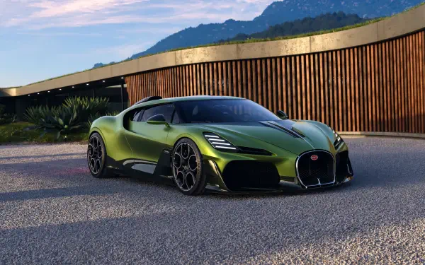 Green Bugatti Brouillard vehicle parked by a wood-paneled building with mountains — 4K Ultra HD PC desktop wallpaper and background featuring the Bugatti.
