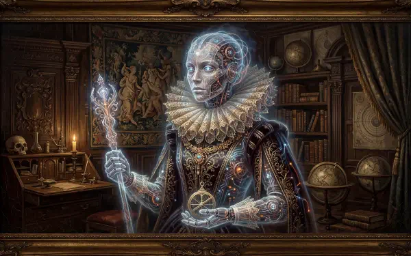 5K Ultra HD PC desktop wallpaper and background: synthoid in Elizabethan ruff and mechanical armor, holding a glowing staff and crystal, standing in a dim, book-lined antique study.