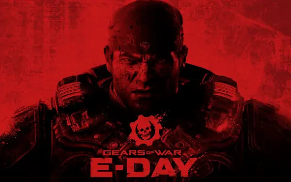 Video game 4K Ultra HD PC desktop wallpaper for Gears of War: E-Day — grim armored soldier against a blood-red backdrop, E-Day emblem and Gears of War logo centered.
