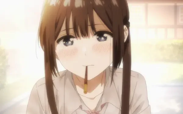 HD PC desktop wallpaper featuring Miku Sakura from I Want to End this Love Game — anime close-up with a biscuit stick in her mouth, soft backlit classroom glow.