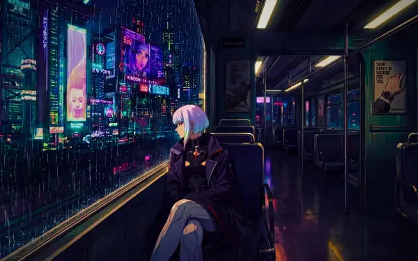 Lucy (Cyberpunk: Edgerunners) sits on a rainy neon city bus, 90s anime aesthetic with glowing skyline — 5K Ultra HD PC desktop wallpaper and background