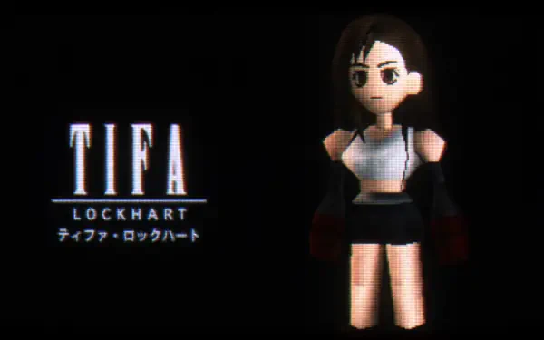 Voxel-style Tifa Lockhart on a black background with glowing TIFA LOCKHART and Japanese subtitle — 4K Ultra HD PC desktop wallpaper/background.
