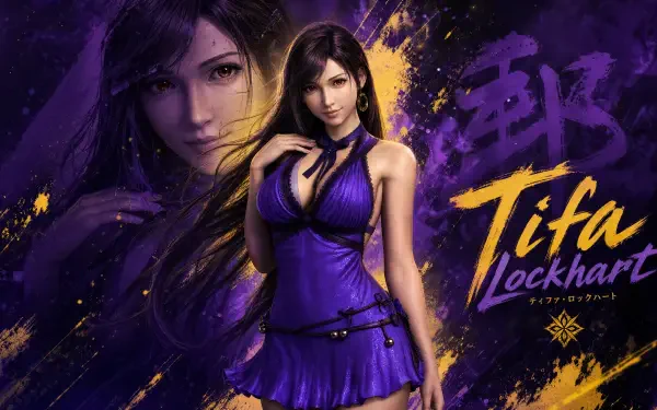 4K Ultra HD PC desktop wallpaper/background featuring Tifa Lockhart in a purple dress, full-body figure with portrait overlay against a purple-and-gold brushstroke backdrop and stylized Tifa Lockhart text.