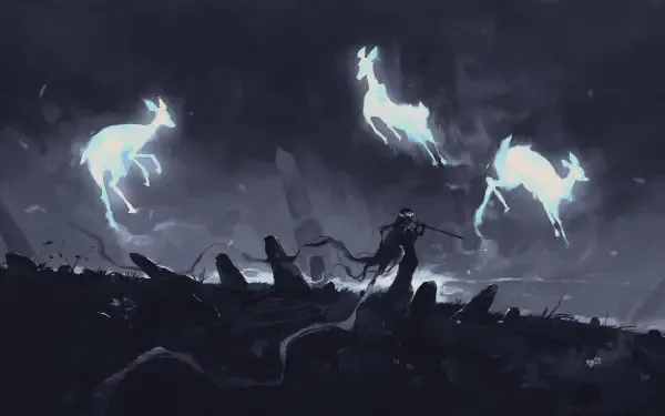 4K Ultra HD digital art digital painting illustration artwork landscape: monochrome scene of a hooded figure summoning three glowing spectral deer above a jagged battlefield.