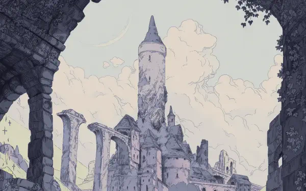4K Ultra HD PC desktop wallpaper — digital art digital painting illustration: crumbling castle tower and ruins framed by a stone arch under pastel clouds; landscape artwork background.