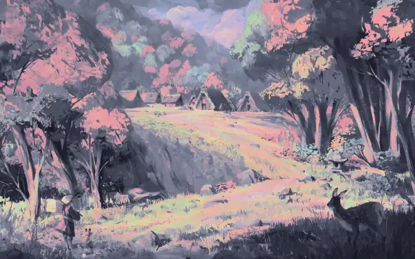 Digital painting illustration: dreamy landscape artwork for HD PC desktop wallpaper, pastel forest clearing with winding path, distant cottages, two small figures and a deer.