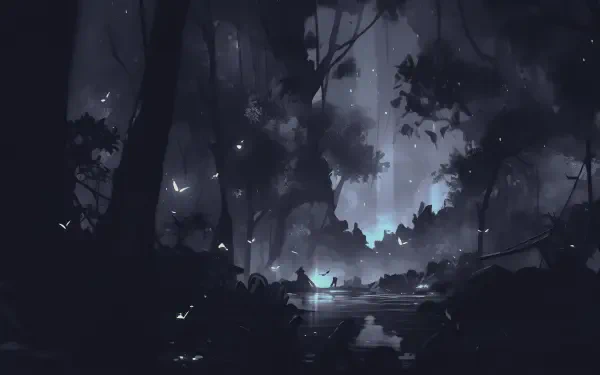 Digital art illustration — digital painting landscape artwork: moonlit forest with glowing lights over a reflective pool; 4K Ultra HD PC desktop wallpaper/background.