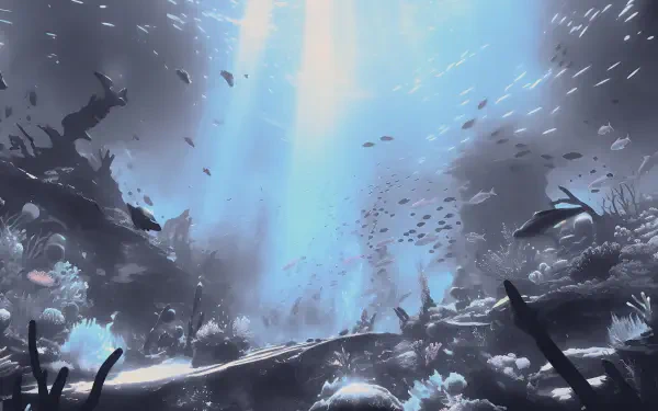 4K Ultra HD digital painting illustration of an underwater landscape artwork: shafts of light through blue depths, schools of fish and coral silhouettes — PC desktop wallpaper