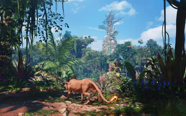 4K Ultra HD PC desktop wallpaper and background from the video game Final Fantasy VII Revelation: sunlit jungle clearing with dense foliage and an exotic creature grazing, its tail glowing.