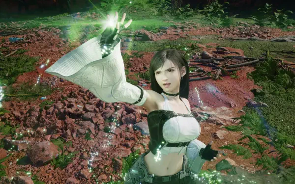 Tifa Lockhart from Final Fantasy VII Revelation reaches forward, summoning a green glow over a ruined, plant-covered battlefield — 4K Ultra HD PC desktop wallpaper.