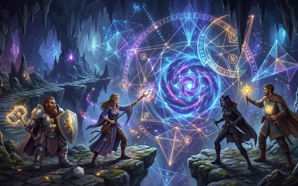 Dungeons & Dragons 5K Ultra HD PC wallpaper/background: four adventurers on cavern ledges cast spells at a swirling, glowing arcane portal of runes and geometric sigils over a chasm.