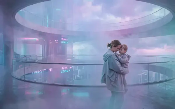 5K Ultra HD PC desktop wallpaper of a mother and child embraced in a misty, neon-lit futuristic atrium, soft pastel tones and reflective floors.