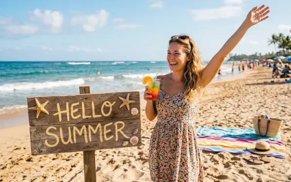 Woman smiling and waving on a sunlit beach with a wooden HELLO SUMMER sign and a tropical drink — vibrant 5K Ultra HD PC desktop wallpaper background.