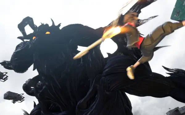 4K Ultra HD PC wallpaper/background for the video game Kingdom Hearts IV: a hero leaps with a flaming Keyblade at a towering shadowy Heartless, dramatic action and high-contrast fantasy art.