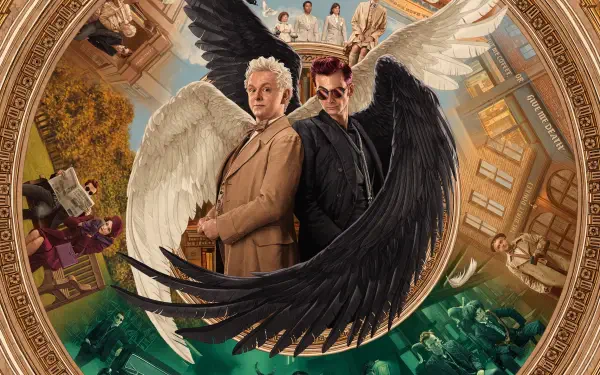 Good Omens 4K Ultra HD PC desktop wallpaper and background: angelic and demonic figures stand back-to-back with white and black wings inside an ornate circular frame, cityscape and heavens.