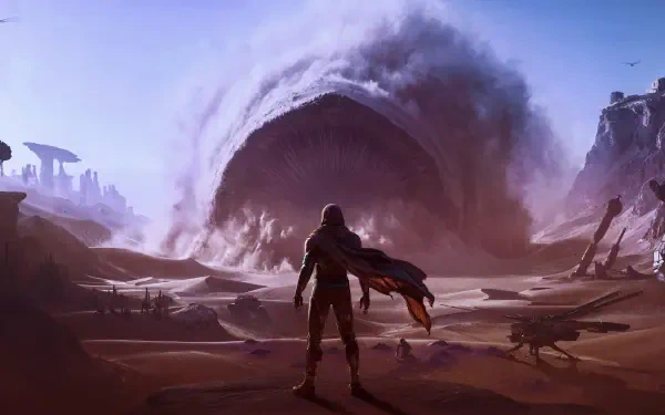 Dune: Awakening 4K Ultra HD PC desktop wallpaper — cloaked figure stands on a dune as a colossal sandworm erupts from the desert beneath a violet sky.