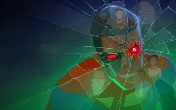 My Adventures With Superman 4K Ultra HD PC desktop wallpaper and background: layered animated Superman images behind cracked glass with a glowing red cybernetic eye and green light effects.
