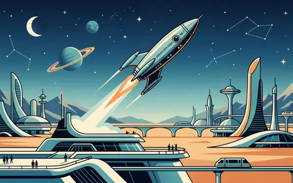Retro-futuristic cityscape with a rocket launching past planets and constellations, rendered as a 5K Ultra HD PC desktop wallpaper and background.