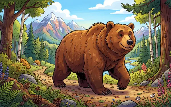5K Ultra HD PC desktop wallpaper and background: cheerful grizzly walking a forest trail with mountains, river, pine trees under a bright blue sky.