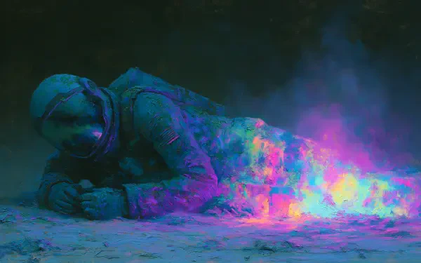 2K Quad HD PC desktop wallpaper/background — sci-fi astronaut lying on alien ground as neon cyan‑pink energy blooms into a smoky aurora.