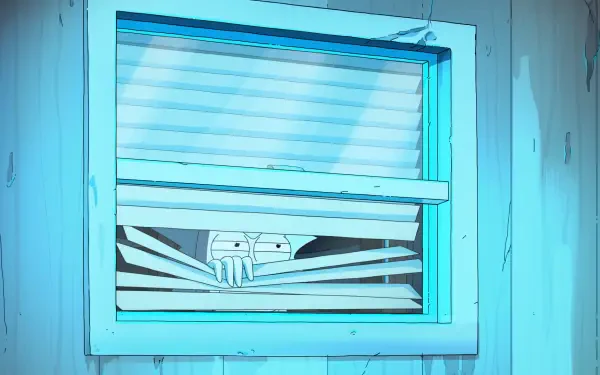 Rick and Morty TV show — season 9 HD PC desktop wallpaper and background: a pale character peers through torn window blinds in a cyan-hued room.