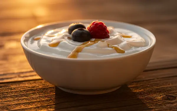 4K Ultra HD PC desktop wallpaper/background: close-up of creamy yogurt in a bowl, topped with blueberries, a raspberry and honey drizzle on a warm wooden surface.